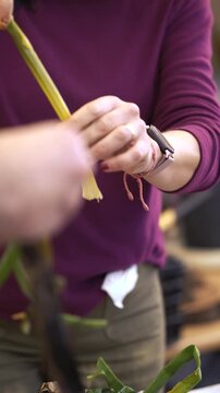Vertical video of a woman peeling, dipping in romesco sauce, and eating a traditional grilled Catalan onion (cal&ccedil;ot).