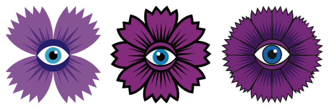 Surreal purple flowers with eyes in the center inspired by Polish folk art