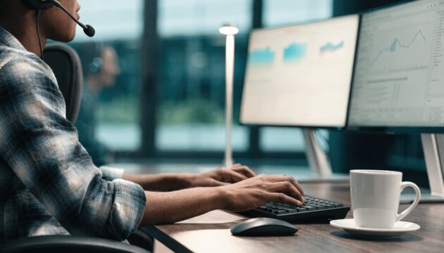 Agent in headset typing rapidly with the main focus on their hands and blurred monitors showing queue management software highlighting blended call handling.