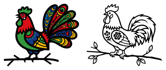 Colorful and black and white rooster illustrations with traditional Polish folk art patterns © Katarzyna