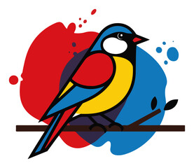 Obraz premium Vibrant stylized bird perched on a branch with colorful abstract paint splashes background