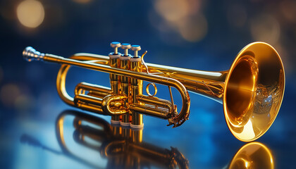 Naklejka premium Polished Brass Trumpet with Bright Metallic Shine in Clean Light Setting, Professional Music Instrument Advertising