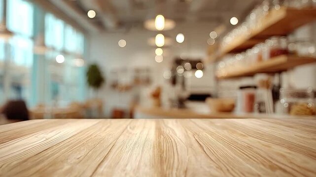 Empty rustic wooden table surface with blurred cafe interior background