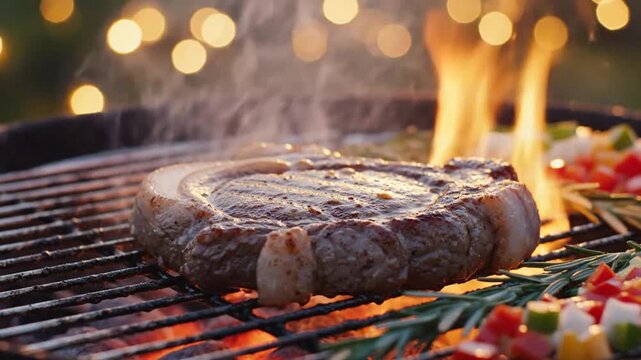 Juicy grilled steak sizzling over an open flame with vegetables
