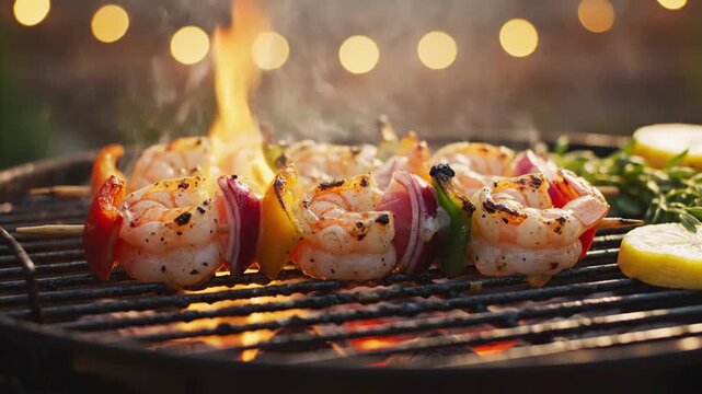 Fresh Shrimp Skewers with Vegetables Grilling Outdoors