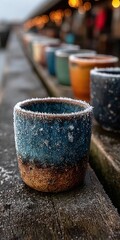 A close-up view of a blue and brown ceramic mug covered in snow on a wooden surface with other colorful mugs in the background.