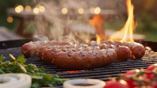 Outdoor grilling with juicy beef steaks over open flame