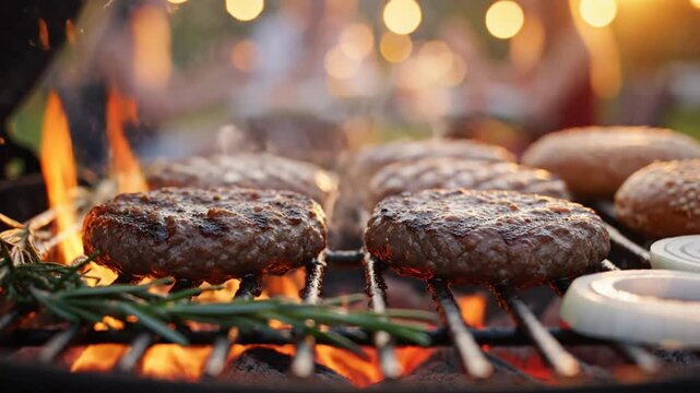 Juicy grilled hamburgers sizzling over open flame for summer cookout
