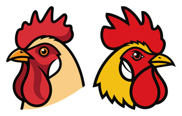 Two stylized rooster head portraits with bold outlines in traditional farm animal style © Katarzyna