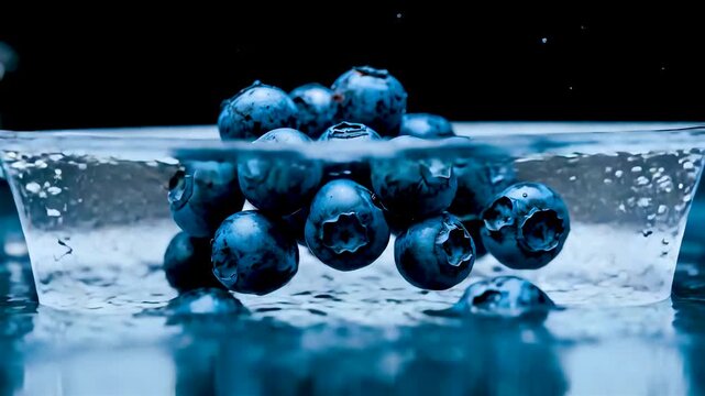 Fresh blueberries splashing into clear water with bubbles and droplets creating vibrant fruit motion and refreshing food scene