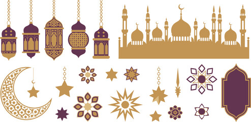 Golden and purple islamic lanterns, crescent moon, stars, and mosque silhouette © MD. JUWEEL