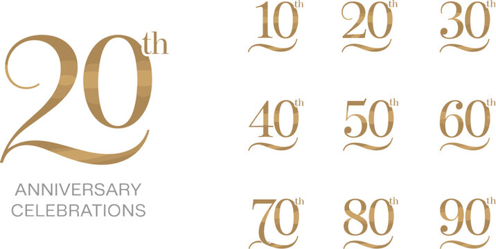 Gold and gray anniversary celebration numbers from 10th to 90th 20th