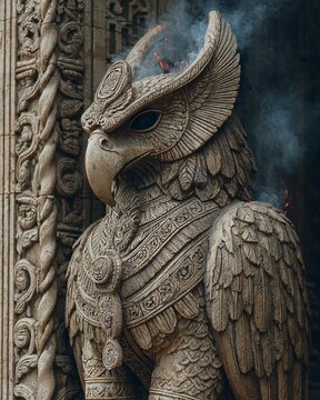Ancient stone owl statue stands proudly in front of intricately carved temple wall with smoke rising.