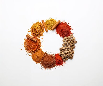 Vibrant Spice Mandala with Paprika, Turmeric, Cumin, and Whole Seeds - Top View Culinary Still Life for Restaurant and Food Design