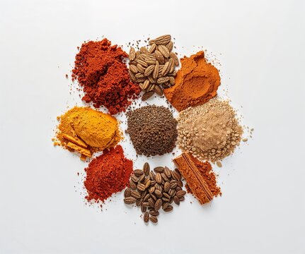 Top View of Assorted Colorful Spices and Herbs Arranged in a Circular Frame on White Background - Culinary Seasoning and Cooking Concept