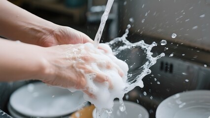 Fototapeta premium Close-up of hands washing dishes in a sink with foamy soap and water splashing