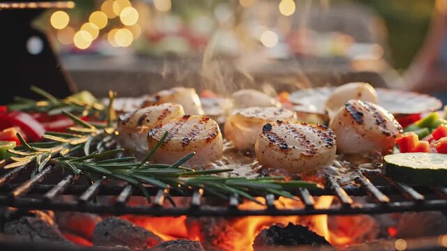Grilled scallops with fresh herbs and vegetables on outdoor BBQ