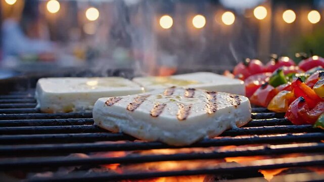 Grilled cheese sandwiches sizzling on barbecue grill at sunset