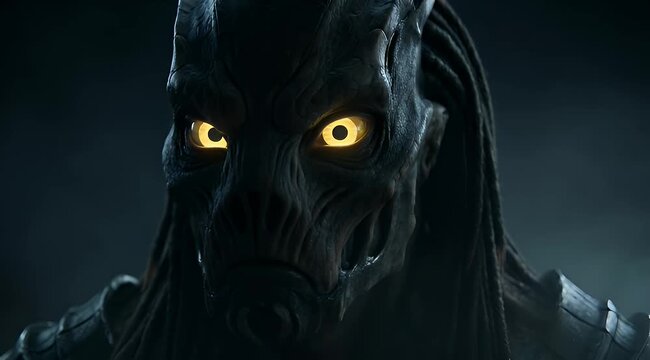 Sinister alien creature with glowing yellow eyes lurking in the shadows