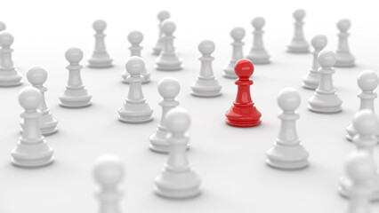 Leadership concept, red pawn of chess, standing out from the crowd of white pawns, on white background. 3D Rendering