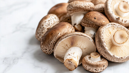 Fresh Shiitake Mushrooms with Textured Caps in Bright Clean Setting, Healthy Natural Food Advertising Concept