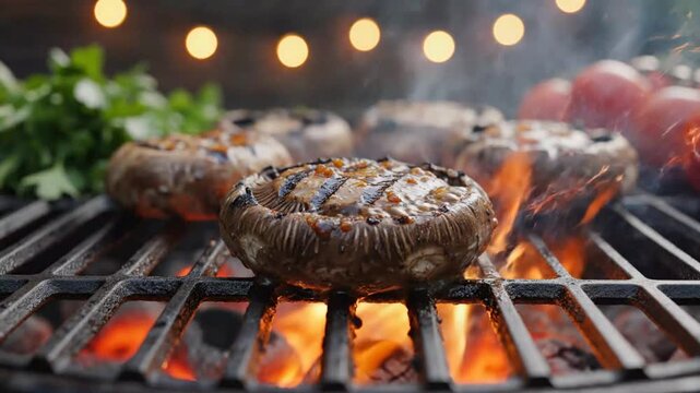 Close-up of sizzling grilled mushroom caps on barbecue grill