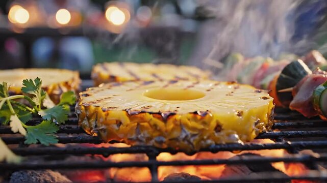 Outdoor grilling of pineapple and fruit skewers over fire