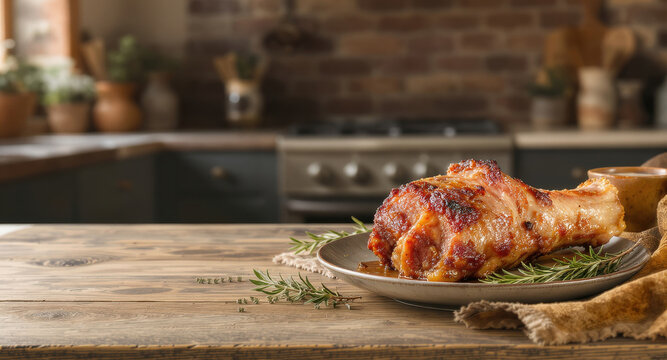 Coscia di pollo arrosto su tavolo rustico con rosmarino. Generative AI 