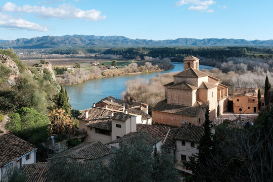 View of Miravet town on sunny winter day. Tarragona, Spain.
