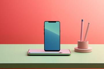 A simple desk scene with a smartphone and pen against a soft-colored background.