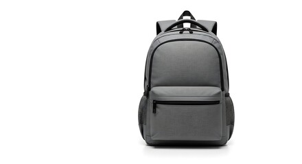 Fototapeta premium Modern gray backpack with multiple pockets and zippered compartments displayed on white background