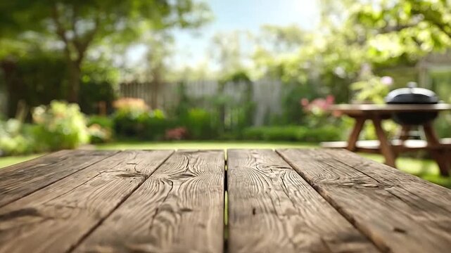 Empty rustic wooden picnic table in a vibrant green garden setting