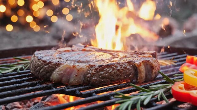 Juicy Grilled Steak Cooking Over Open Flame with Charcoal Embers