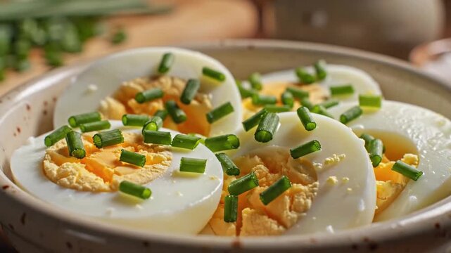 Freshly sliced boiled eggs garnished with chives in a white bowl