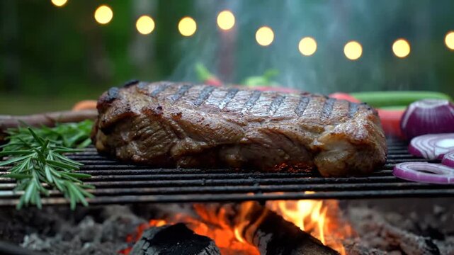 Barbecue Steak Grilling Outdoors with Flames and Herbs