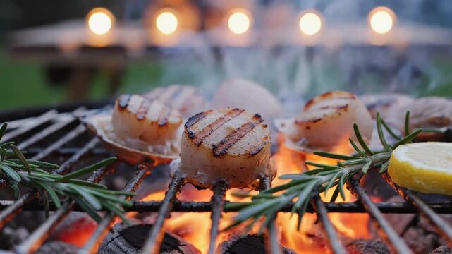 Grilled Scallops with Fresh Herbs on Open Flame BBQ