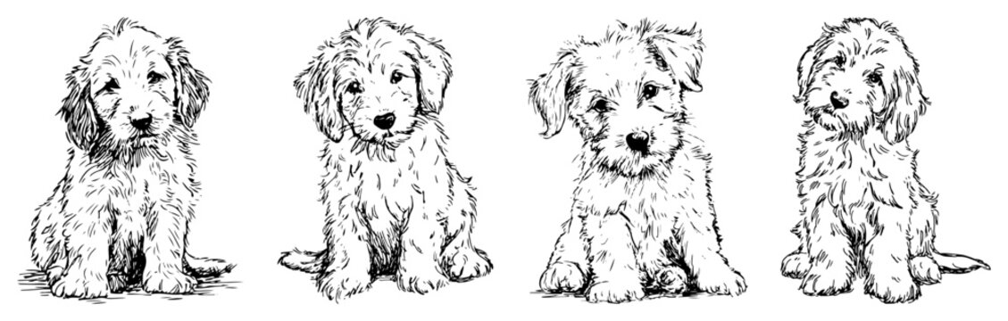 Collection of hand drawn sketches featuring a cute fluffy puppy in different poses