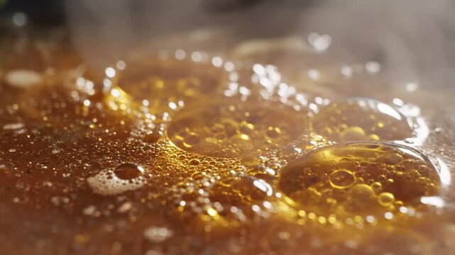 Close-up of boiling caramel syrup with bubbling surface