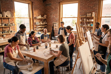 Obraz premium Diverse group attending pottery and art class in creative studio environment