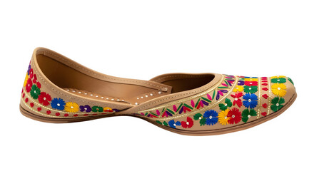 Colorful embroidered traditional Indian Jutti shoe displays vibrant threadwork and bead accents against a stark white background for cultural fashion.