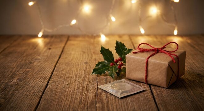Christmas gift with holly and condom on wooden table