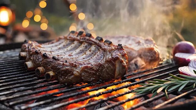 Juicy Gourmet Ribs Grilling Over Open Flame with Herbs and Vegetables
