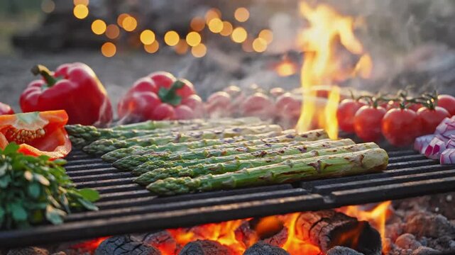 Outdoor barbecue grilling vegetables and seafood over open flame