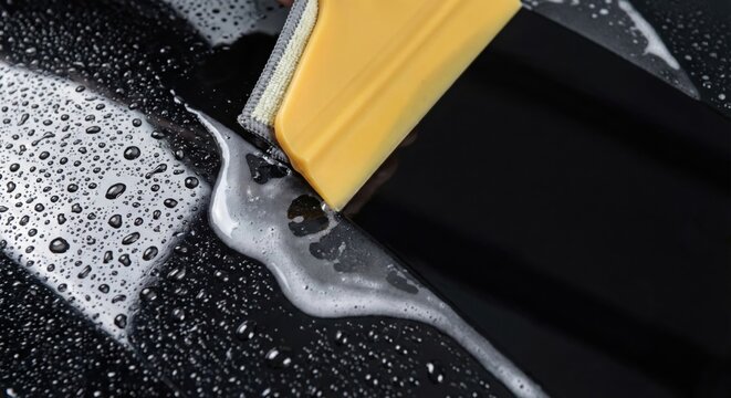 Yellow squeegee wiping water on black car for PPF install