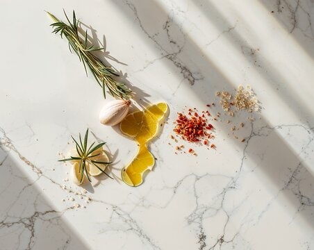 Flat Lay of Holistic Wellness Ingredients with Essential Oil, Herbal Rosemary, and Delicate White Blossoms on Marble - Spa and Self-Care Background