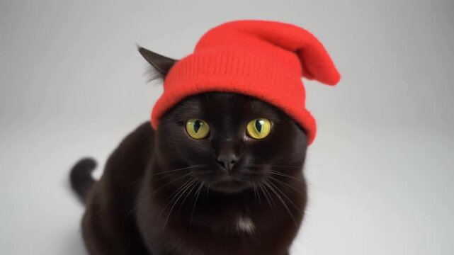 Black Cat Wearing Red Santa Hat Looking Up.