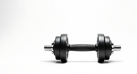 Adjustable black dumbbell with weights on both ends and a textured handle on white background