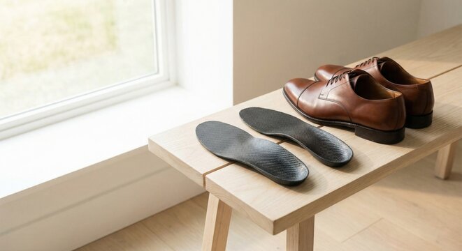 Custom carbon fiber orthotics and leather dress shoes on bench