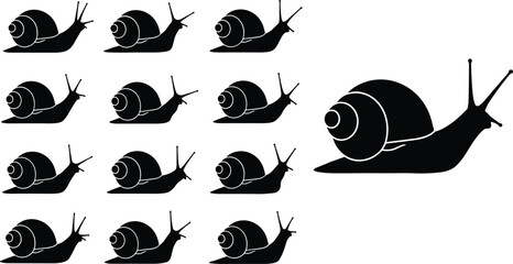 Snail silhouette collection in different sizes with detailed shell, black vector illustration set isolated on white background for nature and animal design © Amit World