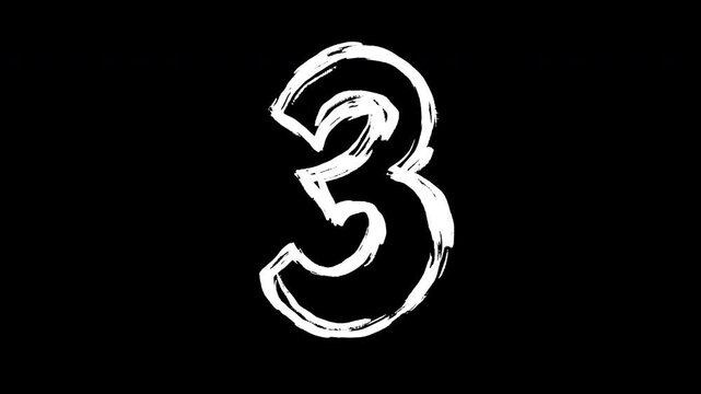 Vibrant abstract art hand drawn number three on black background. Scribble 2d animation element in modern grunge fashion style with alpha matte channel and version isolated on chroma matte color.